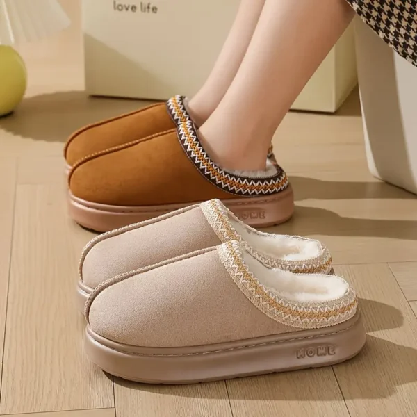 Cozy Plush-Lined Slippers - Non-Slip, Warm Indoor Footwear with Thick Sole, Casual Vintage Style for Home Comfort in Autumn & Winter, House Slippers - Image 7