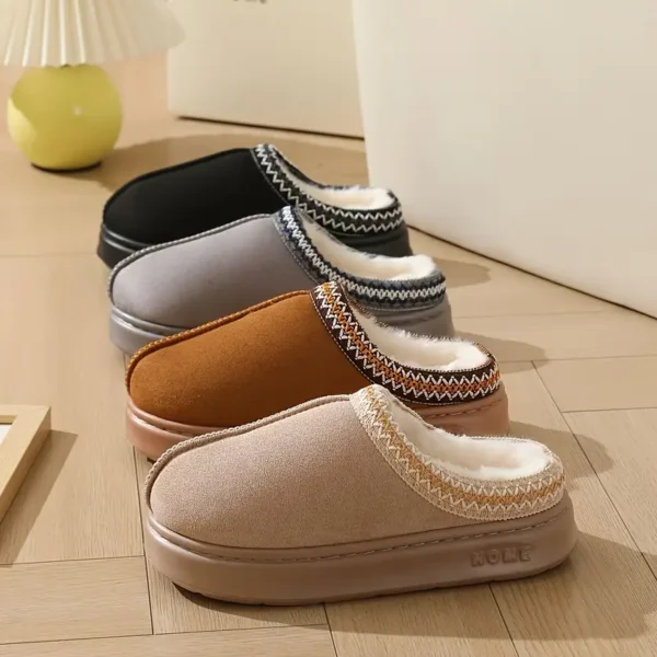 Cozy Plush-Lined Slippers - Non-Slip, Warm Indoor Footwear with Thick Sole, Casual Vintage Style for Home Comfort in Autumn & Winter, House Slippers - Image 2