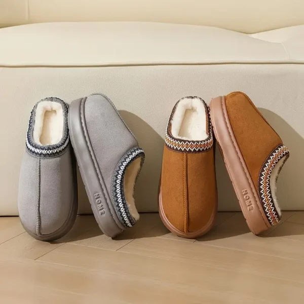 Cozy Plush-Lined Slippers - Non-Slip, Warm Indoor Footwear with Thick Sole, Casual Vintage Style for Home Comfort in Autumn & Winter, House Slippers - Image 3