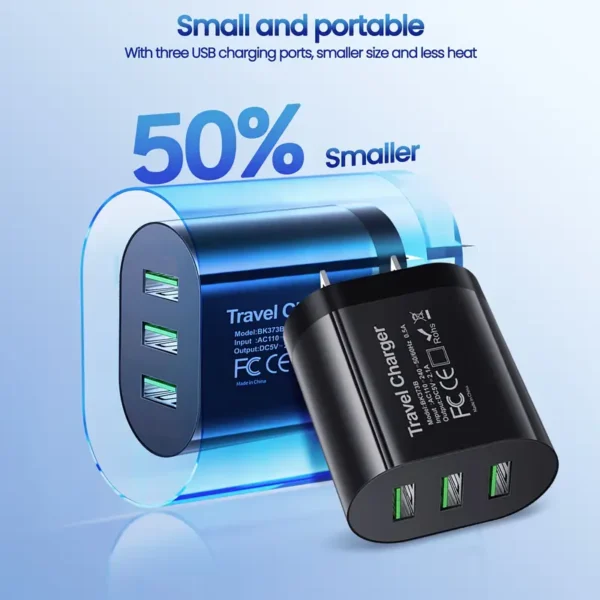 3 Port USB Wall Charging Block, Multi-function Home, Dorm, Travel Fast Charging Plug for iPhone 16 15 14 13 12 11 Pro Max XR XS iPad forSamsung Galaxy S24 UltraS24+/ S23 Ultra/ S23/ S22 Ultra/ S22/ S21 - Image 3