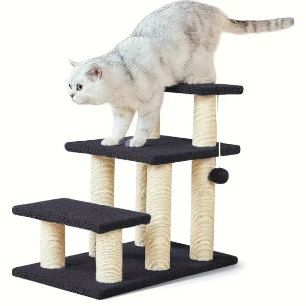 3-Step Cat & Dog Staircase with Sisal Scratching Posts - High-Strength Boards for Indoor Pets, Black Platforms & Beige Rope Ladder, Ideal for High Beds & Couches, Pet Staircase|Stylish Pet Furniture|Durable Construction, Cat Ladder, Without Battery - Image 5