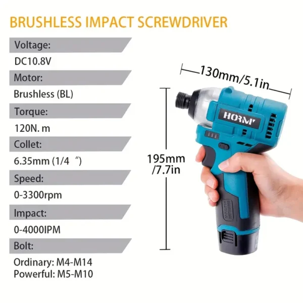 Hormy 120N.m 10.8V Brushless Impact Drill 2Ah Dual Battery Set Cordless Electric Screwdriver Multi-Function Electric Wrench Car Repair Power Tool Home Renovation Accessories