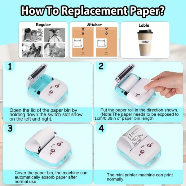 Huizhu Keji Mini Sticker Printer Cat Smart Pocket Inkless Thermal Printer, with 11 Rolls of Thermal Paper and Stickers, Compatible with iOS and Android, Portable Receipt Printer, Suitable for Photo Diary Notes and Memos - Image 3