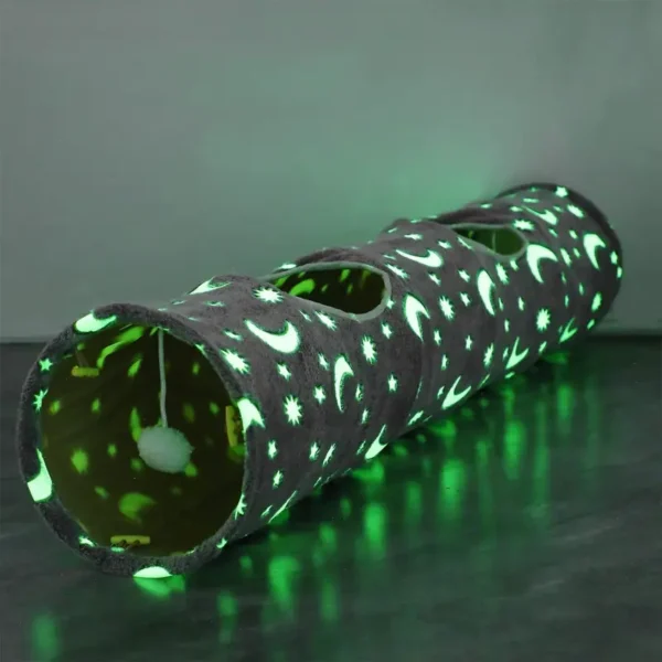 Glow-in-the-Dark Cat Tunnel with Plush Ball Toys – Collapsible, Photoluminescent Play Tube for Cats, Bunny Rabbits, Kittens, Puppy Dogs – Grey Moon & Star Pattern, 119.89cm Length, Pet Entertainment|Playful Pet Decor|Portable Pet Tunnel, Cat Toys for Indoor Cats