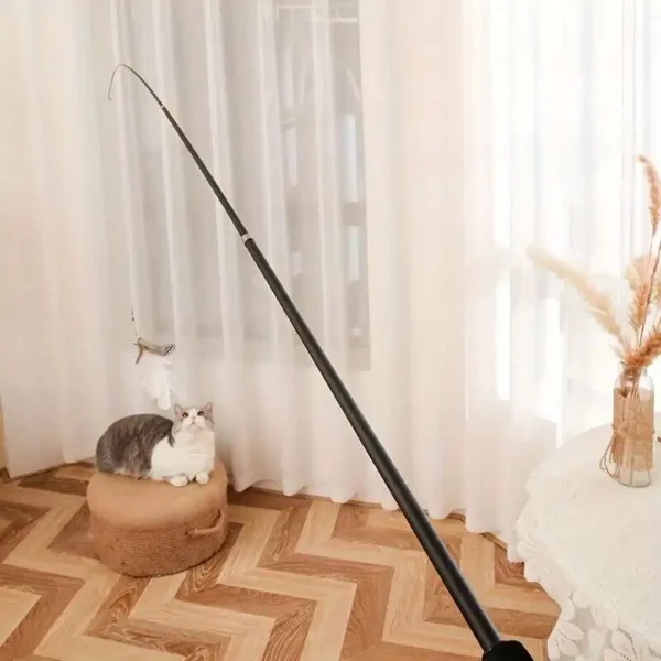 FUKUCHONG 180cm Retractable Cat Teaser Wand with Feather Toy - Interactive 4-Section Telescopic Design for Playful Cats, Durable Plastic Material, White Artificial Feathers, Indoor Fun, Cat Toys - Image 3