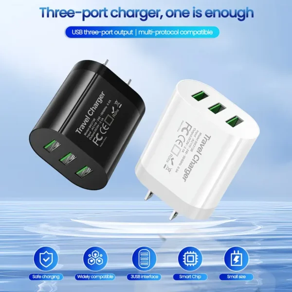 3 Port USB Wall Charging Block, Multi-function Home, Dorm, Travel Fast Charging Plug for iPhone 16 15 14 13 12 11 Pro Max XR XS iPad forSamsung Galaxy S24 UltraS24+/ S23 Ultra/ S23/ S22 Ultra/ S22/ S21
