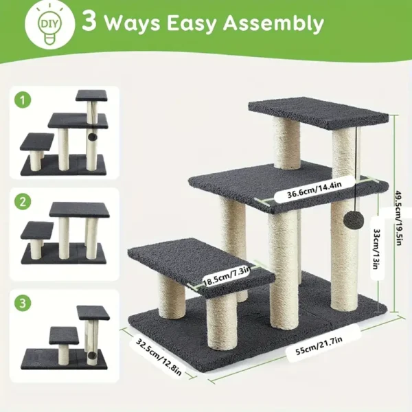 3-Step Cat & Dog Staircase with Sisal Scratching Posts - High-Strength Boards for Indoor Pets, Black Platforms & Beige Rope Ladder, Ideal for High Beds & Couches, Pet Staircase|Stylish Pet Furniture|Durable Construction, Cat Ladder, Without Battery - Image 4