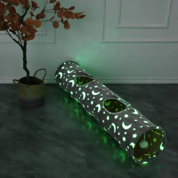 Glow-in-the-Dark Cat Tunnel with Plush Ball Toys – Collapsible, Photoluminescent Play Tube for Cats, Bunny Rabbits, Kittens, Puppy Dogs – Grey Moon & Star Pattern, 119.89cm Length, Pet Entertainment|Playful Pet Decor|Portable Pet Tunnel, Cat Toys for Indoor Cats - Image 5