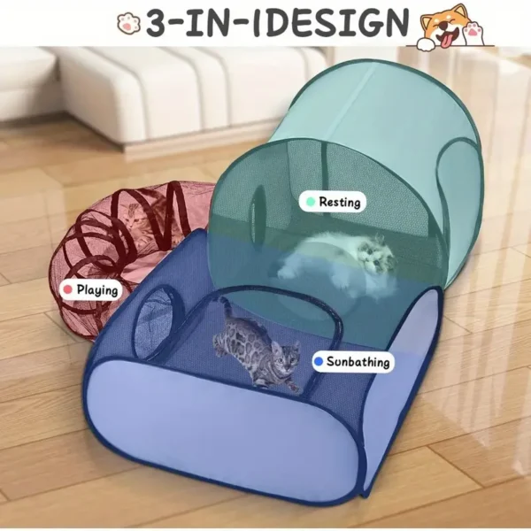 Dog fence with enclosure tunnel, breathable soft-sided indoor/outdoor cat crate for small animals, portable cat tent with carry bag/usable on 13 holidays