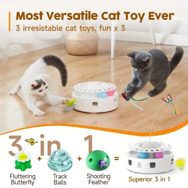 Interactive 3-in-1 Cat Toy - Fluttering Butterfly, Moving Feather, Track Balls | Plastic Indoor Kicker for Kittens and Cats - Image 5