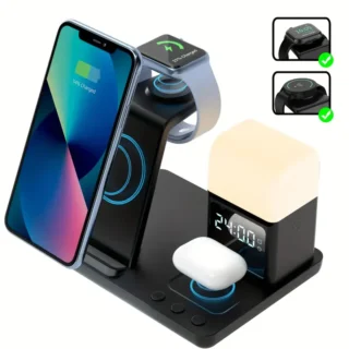 6-in-1 Wireless Charger Stand Fast Charging Station with Night Light Clock Alarm for iPhone 12/13/14/15/16, for 3/4/Pro, for iWatch 5/6/7/8/9/10/SE/Ultra, for Samsung S24/S23/S22/Z Flip 3/4/5/6, for Galaxy Watch 7/6/5/4