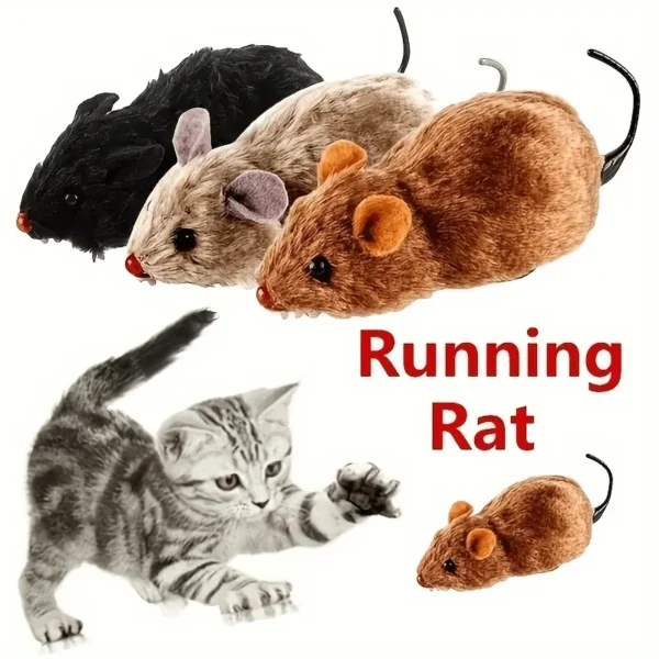 1pc Durable Interactive Clockwork Mouse Toy - Running Rat Plush for Cats & Small Dogs, Battery-Free, Assorted Colors (Black, Grey/Pink, Brown), All Breed Sizes, Plastic Material, Rat Toys
