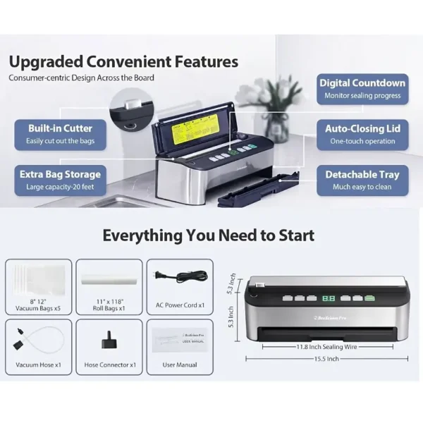 Beelicious 85000Pa 8-in-1 Vacuum Sealer Machine – Fully Automatic Food Sealer With Bag Storage, Built-in Cutter, Moist Mode, Air Suction Hose & Vacuum Bags Included | Digital Countdown | Sous Vide Ready - Image 3