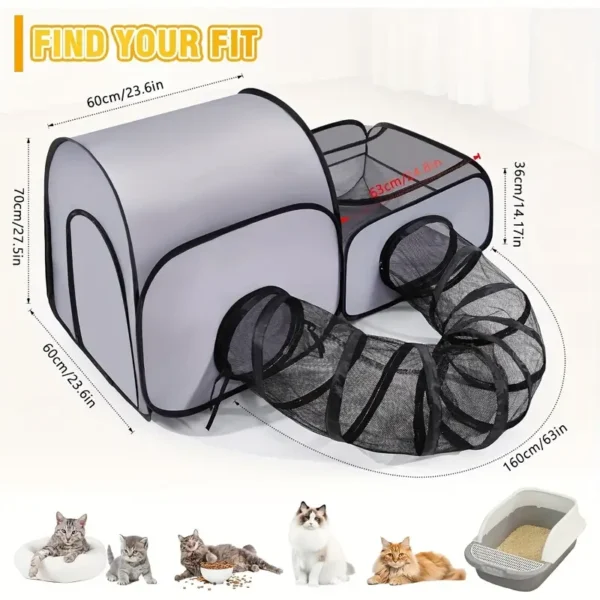 Portable Cat Play Tunnel with Surround Holes, 2-Chain Area, Ideal for Indoor Cats, Polyester Material