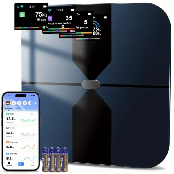 1pc Smart Scale, 11.8*11.8in Color Large Display Bathroom Scale, BMI Weighing Body Composition Monitoring Healthy Body Fat Scale, 400LB Load Capacity, Thickened ITO Glass, Smartphone Apps