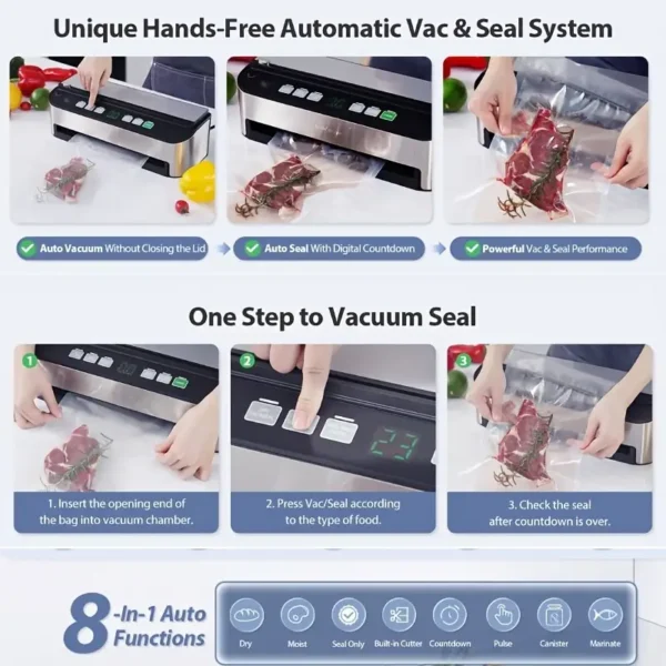 Beelicious 85000Pa 8-in-1 Vacuum Sealer Machine – Fully Automatic Food Sealer With Bag Storage, Built-in Cutter, Moist Mode, Air Suction Hose & Vacuum Bags Included | Digital Countdown | Sous Vide Ready - Image 5