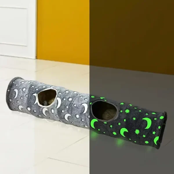 Glow-in-the-Dark Cat Tunnel with Plush Ball Toys – Collapsible, Photoluminescent Play Tube for Cats, Bunny Rabbits, Kittens, Puppy Dogs – Grey Moon & Star Pattern, 119.89cm Length, Pet Entertainment|Playful Pet Decor|Portable Pet Tunnel, Cat Toys for Indoor Cats - Image 4