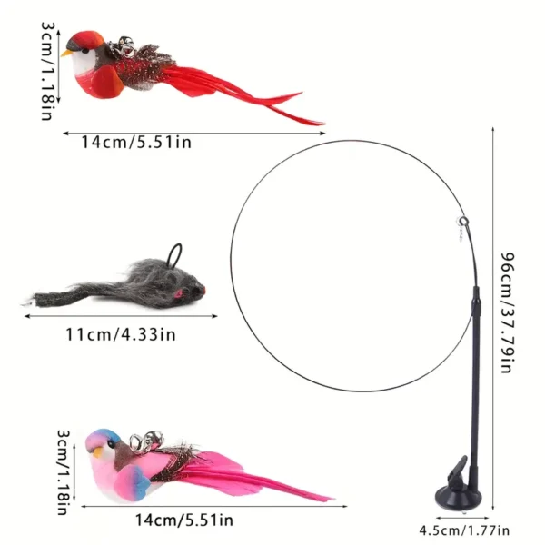 3pcs Interactive Cat Toy Set with Realistic Birds, Mice, and Natural Feathers - Handheld Teaser Wand with Bell, Double Rods, and Strong Suction Cups - Ideal for Active Play and Exercise - Perfect Birthday Gift for Kittens (Random Replacement Heads), Without Battery - Image 5