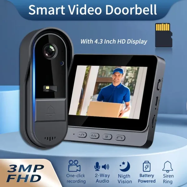 Wireless video smart doorbell, 720P HD video and 4.3-inch display real-time indoor surveillance camera, Ding dong doorbell two-way intercom, no application, rechargeable, no network, image video recording, local storage, enhanced night vision - Image 5
