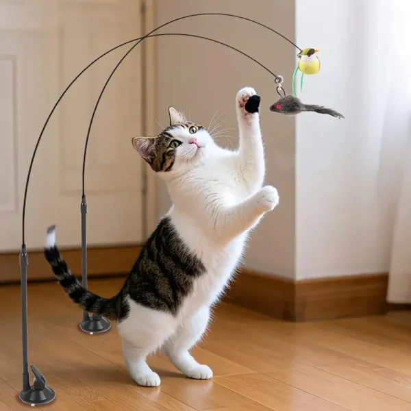 3pcs Interactive Cat Toy Set with Realistic Birds, Mice, and Natural Feathers - Handheld Teaser Wand with Bell, Double Rods, and Strong Suction Cups - Ideal for Active Play and Exercise - Perfect Birthday Gift for Kittens (Random Replacement Heads), Without Battery - Image 4