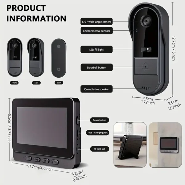 Wireless video smart doorbell, 720P HD video and 4.3-inch display real-time indoor surveillance camera, Ding dong doorbell two-way intercom, no application, rechargeable, no network, image video recording, local storage, enhanced night vision