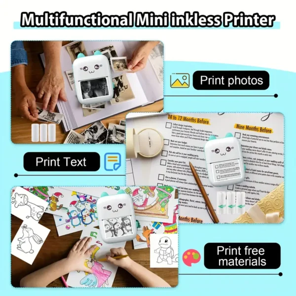 Huizhu Keji Mini Sticker Printer Cat Smart Pocket Inkless Thermal Printer, with 11 Rolls of Thermal Paper and Stickers, Compatible with iOS and Android, Portable Receipt Printer, Suitable for Photo Diary Notes and Memos - Image 2