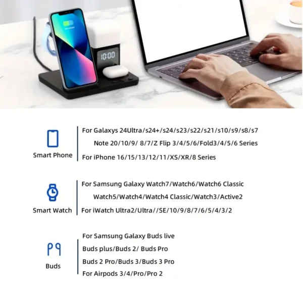 6-in-1 Wireless Charger Stand Fast Charging Station with Night Light Clock Alarm for iPhone 12/13/14/15/16, for 3/4/Pro, for iWatch 5/6/7/8/9/10/SE/Ultra, for Samsung S24/S23/S22/Z Flip 3/4/5/6, for Galaxy Watch 7/6/5/4 - Image 6