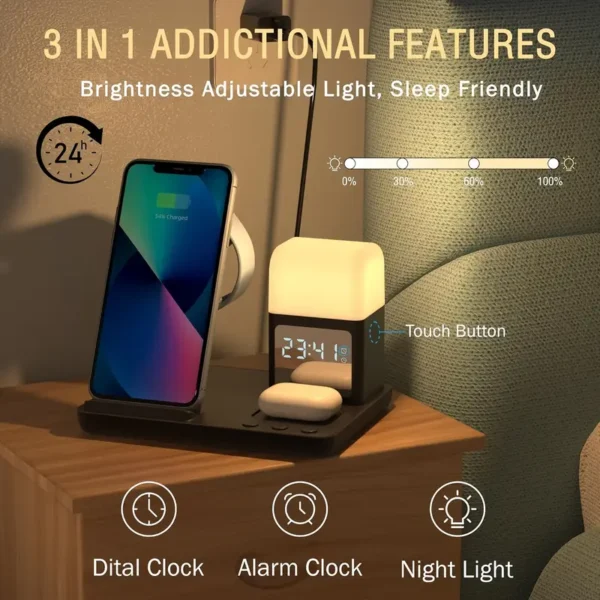 6-in-1 Wireless Charger Stand Fast Charging Station with Night Light Clock Alarm for iPhone 12/13/14/15/16, for 3/4/Pro, for iWatch 5/6/7/8/9/10/SE/Ultra, for Samsung S24/S23/S22/Z Flip 3/4/5/6, for Galaxy Watch 7/6/5/4 - Image 4