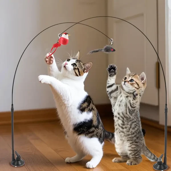 3pcs Interactive Cat Toy Set with Realistic Birds, Mice, and Natural Feathers - Handheld Teaser Wand with Bell, Double Rods, and Strong Suction Cups - Ideal for Active Play and Exercise - Perfect Birthday Gift for Kittens (Random Replacement Heads), Without Battery