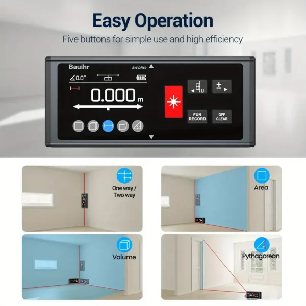 Bilateral Laser Measurement Tool, 60M Dual Laser Distance Meter, Rechargeable Laser Measure With Color Backlit LCD Display, Digital Angle, M/in/Ft Unit Switching - Image 5