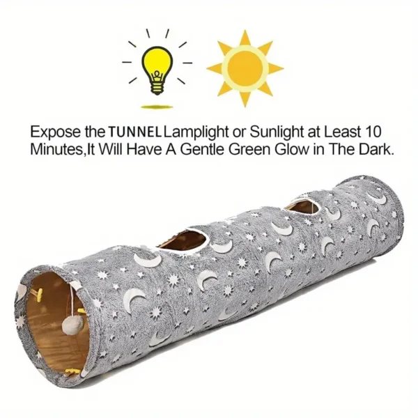 Glow-in-the-Dark Cat Tunnel with Plush Ball Toys – Collapsible, Photoluminescent Play Tube for Cats, Bunny Rabbits, Kittens, Puppy Dogs – Grey Moon & Star Pattern, 119.89cm Length, Pet Entertainment|Playful Pet Decor|Portable Pet Tunnel, Cat Toys for Indoor Cats - Image 2