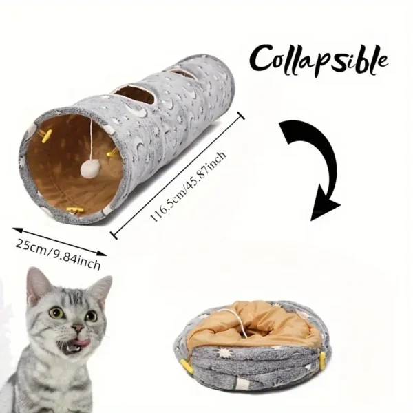 Glow-in-the-Dark Cat Tunnel with Plush Ball Toys – Collapsible, Photoluminescent Play Tube for Cats, Bunny Rabbits, Kittens, Puppy Dogs – Grey Moon & Star Pattern, 119.89cm Length, Pet Entertainment|Playful Pet Decor|Portable Pet Tunnel, Cat Toys for Indoor Cats - Image 3