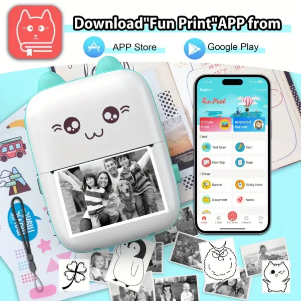 Huizhu Keji Mini Sticker Printer Cat Smart Pocket Inkless Thermal Printer, with 11 Rolls of Thermal Paper and Stickers, Compatible with iOS and Android, Portable Receipt Printer, Suitable for Photo Diary Notes and Memos - Image 4