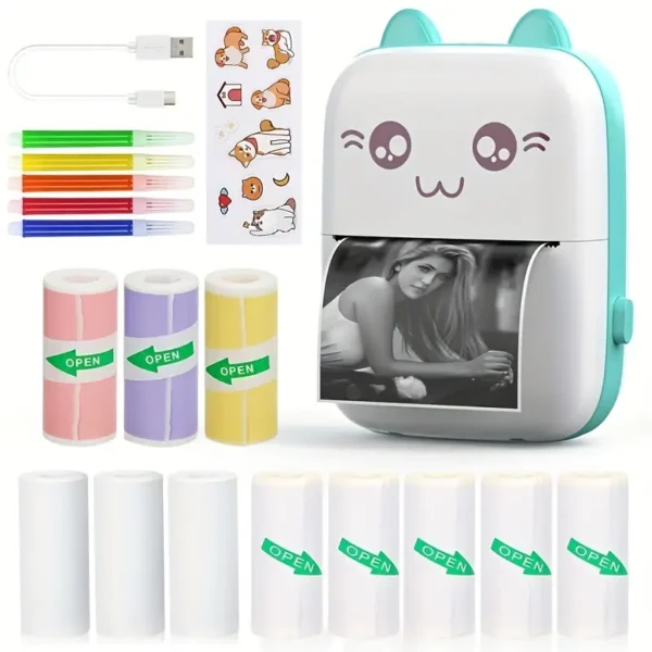 Huizhu Keji Mini Sticker Printer Cat Smart Pocket Inkless Thermal Printer, with 11 Rolls of Thermal Paper and Stickers, Compatible with iOS and Android, Portable Receipt Printer, Suitable for Photo Diary Notes and Memos