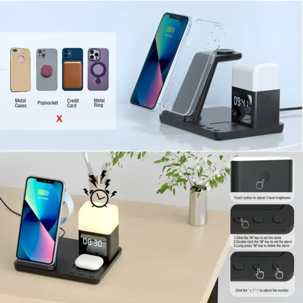 6-in-1 Wireless Charger Stand Fast Charging Station with Night Light Clock Alarm for iPhone 12/13/14/15/16, for 3/4/Pro, for iWatch 5/6/7/8/9/10/SE/Ultra, for Samsung S24/S23/S22/Z Flip 3/4/5/6, for Galaxy Watch 7/6/5/4 - Image 2