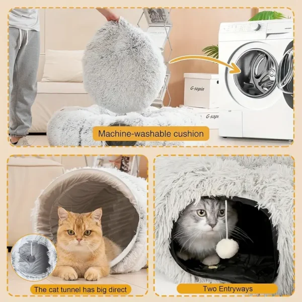 Cat Tunnel Cat Bed Play Tunnel with Mat Long Plush Deep Sleep Removable Washable Multifunctional Connectable Cat Passage - Image 2