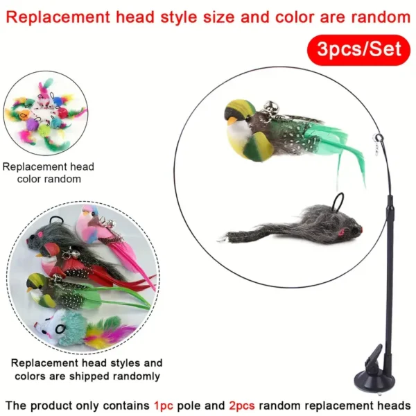 3pcs Interactive Cat Toy Set with Realistic Birds, Mice, and Natural Feathers - Handheld Teaser Wand with Bell, Double Rods, and Strong Suction Cups - Ideal for Active Play and Exercise - Perfect Birthday Gift for Kittens (Random Replacement Heads), Without Battery - Image 3