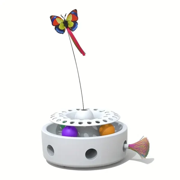 Interactive 3-in-1 Cat Toy - Fluttering Butterfly, Moving Feather, Track Balls | Plastic Indoor Kicker for Kittens and Cats