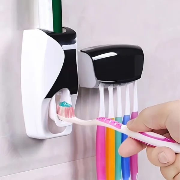 Automatic toothpaste squeezing wall-mounted toothbrush holder, can hold 5 toothbrushes, no power required, plastic material, bathroom supplies