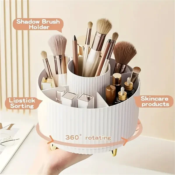 1pc ABERZEY 360° Rotating Makeup Organizer - 5-Compartment Durable Plastic Cosmetic & Desk Storage with Luxury Stripe Design, Freestanding No-Power Rotating Caddy for Brushes, Lipsticks, Skincare, Stationery, Makeup Brush Holder, Sleek Modern Look, Goldtoned Accents