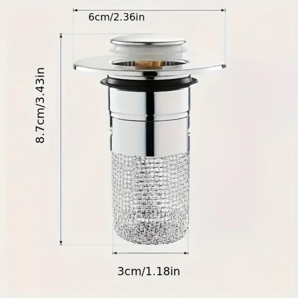 [Stainless Steel Sink Stopper] 1pc Stainless Steel Pop-Up Sink Drain Stopper - Anti-Odor Push-Type Mechanism - with Filter Basket, Mesh Filter for Bathroom Washbasins - Image 3