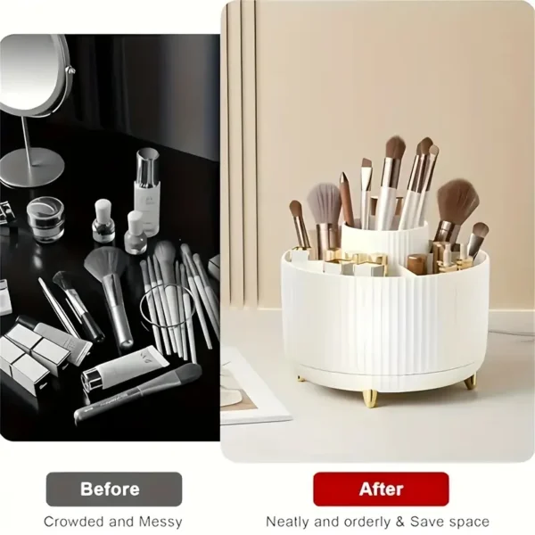 1pc ABERZEY 360° Rotating Makeup Organizer - 5-Compartment Durable Plastic Cosmetic & Desk Storage with Luxury Stripe Design, Freestanding No-Power Rotating Caddy for Brushes, Lipsticks, Skincare, Stationery, Makeup Brush Holder, Sleek Modern Look, Goldtoned Accents - Image 3