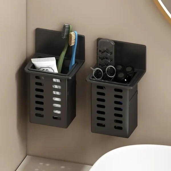 Black Toothpaste Holder and Toothbrush Holder Wall-mounted Storage Box for Bathroom Toiletries, Mobile Phone, Air Conditioner Remote Control Storage Box, Hanging Bracket, No Trace Installation - Image 6