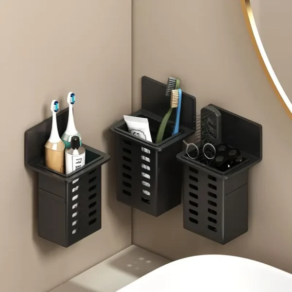 Black Toothpaste Holder and Toothbrush Holder Wall-mounted Storage Box for Bathroom Toiletries, Mobile Phone, Air Conditioner Remote Control Storage Box, Hanging Bracket, No Trace Installation - Image 5