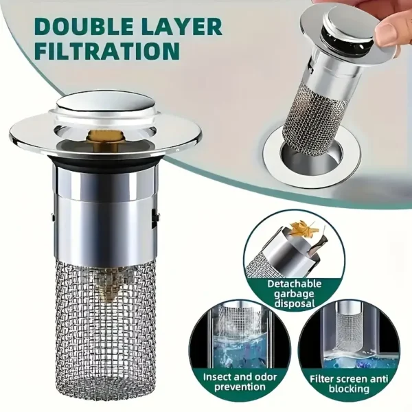 [Stainless Steel Sink Stopper] 1pc Stainless Steel Pop-Up Sink Drain Stopper - Anti-Odor Push-Type Mechanism - with Filter Basket, Mesh Filter for Bathroom Washbasins - Image 6