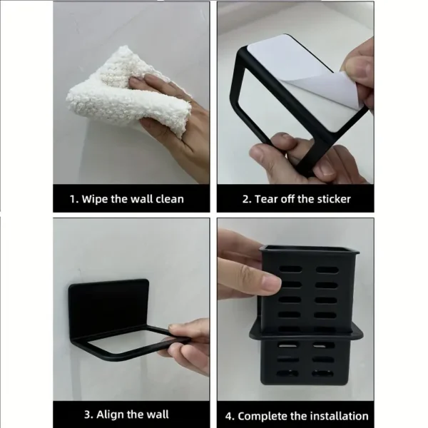 Black Toothpaste Holder and Toothbrush Holder Wall-mounted Storage Box for Bathroom Toiletries, Mobile Phone, Air Conditioner Remote Control Storage Box, Hanging Bracket, No Trace Installation - Image 2