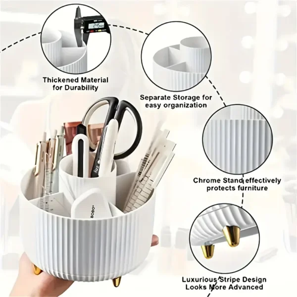 1pc ABERZEY 360° Rotating Makeup Organizer - 5-Compartment Durable Plastic Cosmetic & Desk Storage with Luxury Stripe Design, Freestanding No-Power Rotating Caddy for Brushes, Lipsticks, Skincare, Stationery, Makeup Brush Holder, Sleek Modern Look, Goldtoned Accents - Image 2