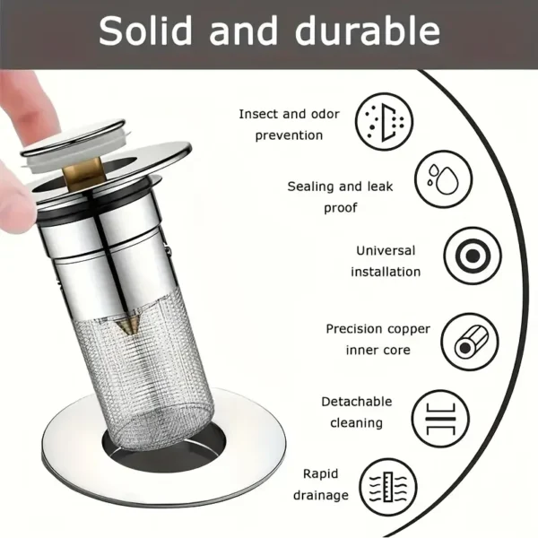 [Stainless Steel Sink Stopper] 1pc Stainless Steel Pop-Up Sink Drain Stopper - Anti-Odor Push-Type Mechanism - with Filter Basket, Mesh Filter for Bathroom Washbasins - Image 4