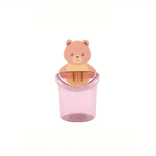 Kids Bathroom Toothbrush Holder with Cup, Teddy Bear Design, Wall-Mounted, 1 pc, Plastic