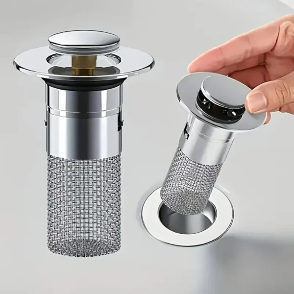 [Stainless Steel Sink Stopper] 1pc Stainless Steel Pop-Up Sink Drain Stopper - Anti-Odor Push-Type Mechanism - with Filter Basket, Mesh Filter for Bathroom Washbasins
